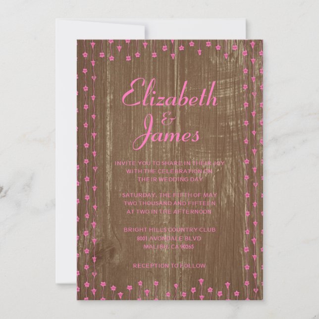 Pink Brown Rustic Country Wood Wedding Invitations (Front)