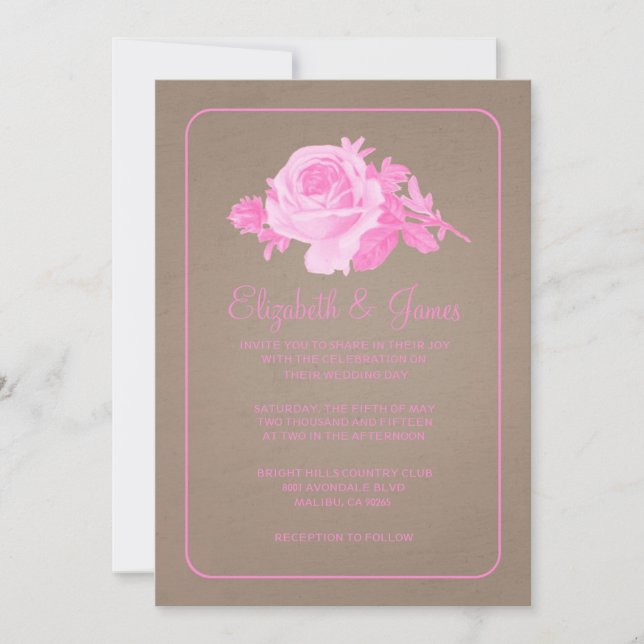 Pink Brown Rustic Floral/Flower Wedding Invitation (Front)