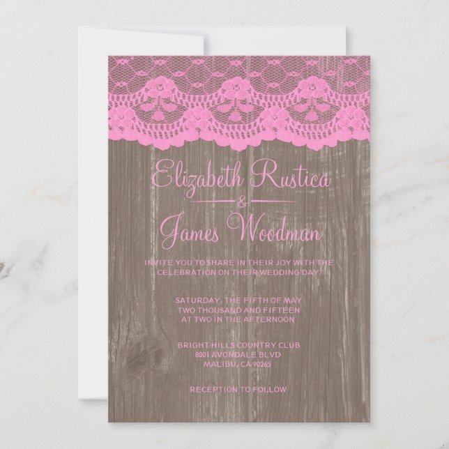 Pink Brown Rustic Lace Wood Wedding Invitations (Front)