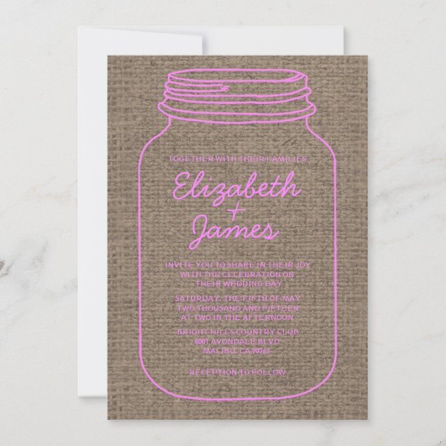 Pink & Brown Rustic Mason Jar Wedding Invitations (Front)