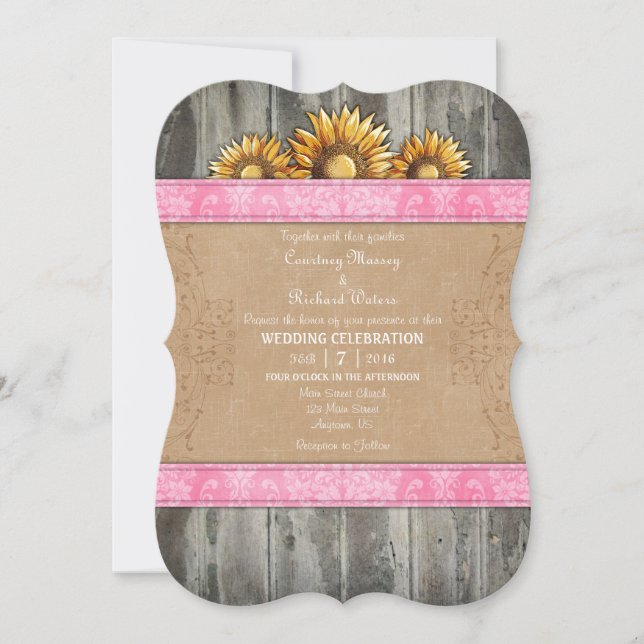 Pink Brown Rustic Sunflower Wedding Invite (Front)