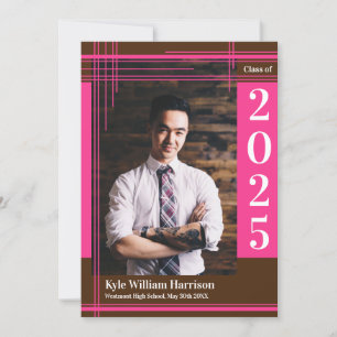 Pink Brown School Colour Graduation Photo Plaid Invitation