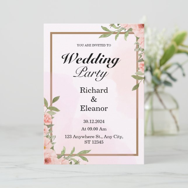 Pink & Brown Simple Wedding Party Invitation (Standing Front)