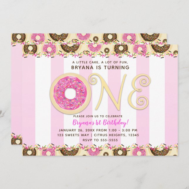 Pink Brown Sprinkle Doughnuts ONE 1ST Birthday Par Invitation (Front/Back)