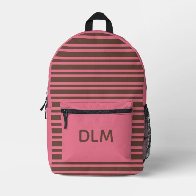 Pink Brown Stripes Personalise Pattern Printed Backpack (Front)