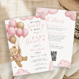 Pink brown teddy bear balloons girl baby shower invitation