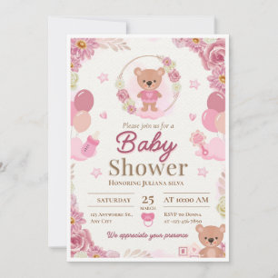 Pink & Brown Teddy Bear Girl Baby Shower Invitatio Invitation