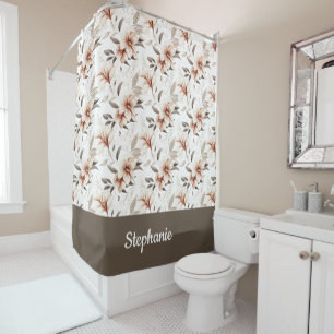 Pink Brown Watercolor Wildflower Monogram Shower Curtain
