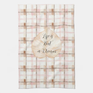 Pink Brown White Plaid Stripes Leaf Tea Towel