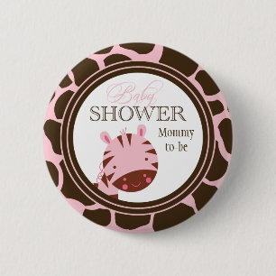 Pink + brown zebra girls baby shower button
