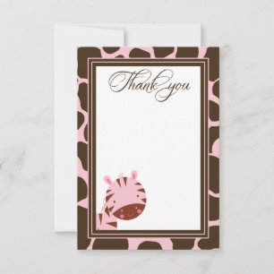 Pink + brown zebra girls thank you flat card