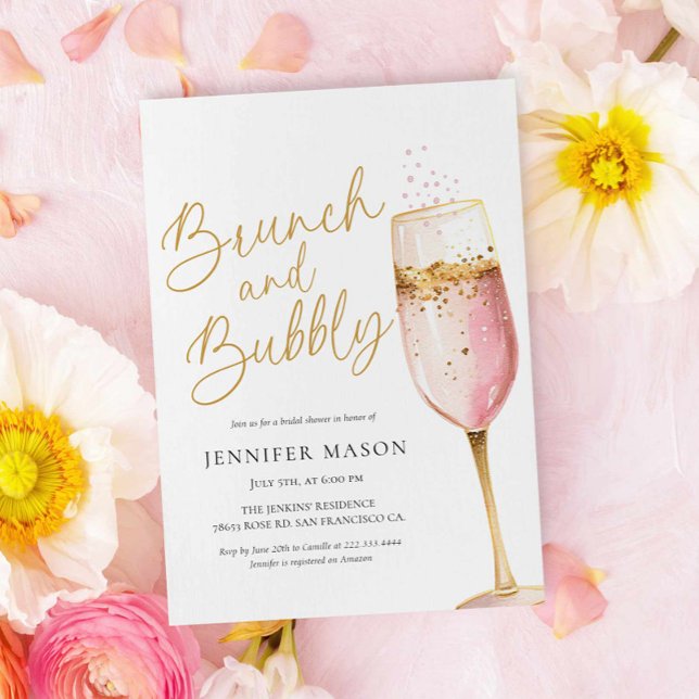 Pink Brunch and Bubbly Bridal Shower Invitation (Brunch and Bubbly Pink Champagne Bridal Shower Invitation)