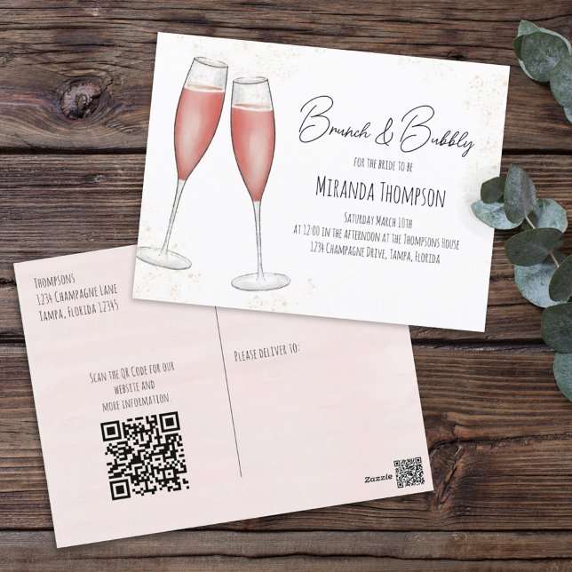 Pink Brunch and Bubbly Bridal Shower QR Code  Postcard (Creator Uploaded)