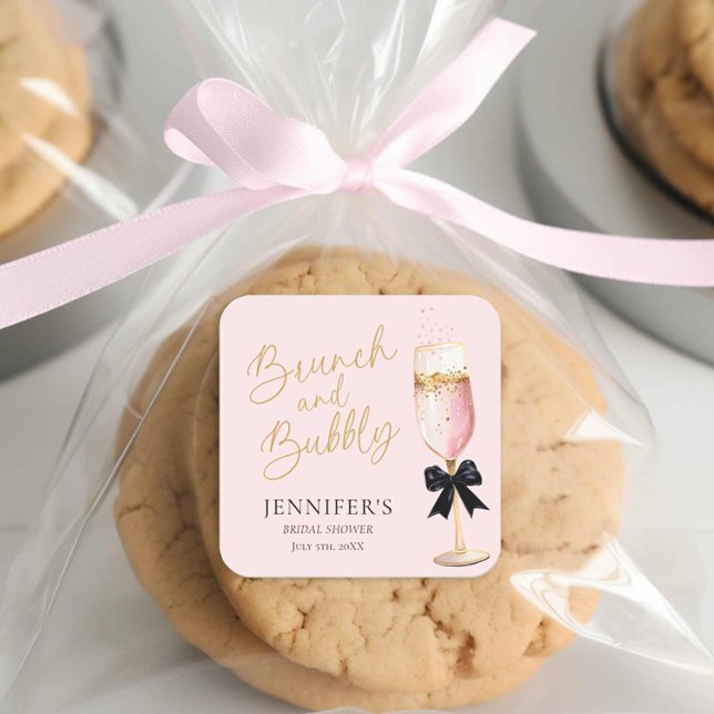 Pink Brunch and Bubbly Bridal Shower Square Sticker (Pink Bubbly Bridal Shower Sticker)