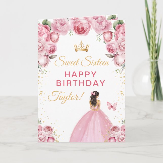 Pink Brunette Hair Girl Sweet Sixteen Birthday Card (Front)