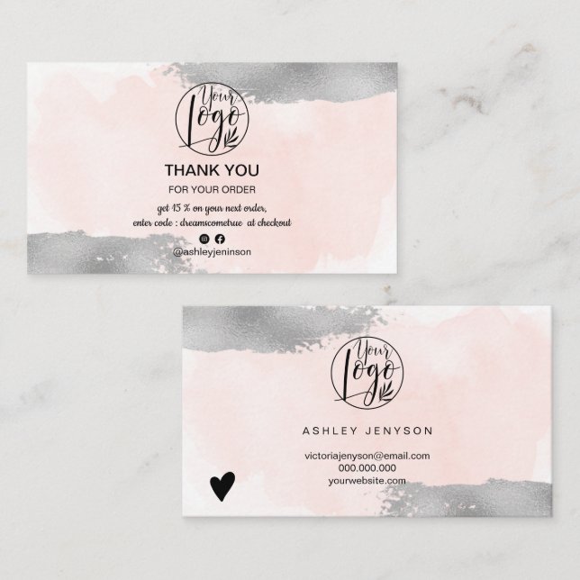 Pink brush silver brush logo order thank you business card (Front/Back)