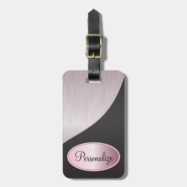 Pink Brush Steel and Black Print Luggage Tag (Front Vertical)