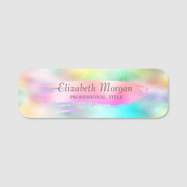 Pink Brush Stroke,Colourful Ombre Holographic Name Tag (Front)