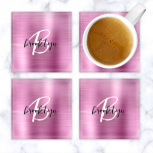Pink Brushed Metal Black White Script Monogram  Glass Coaster