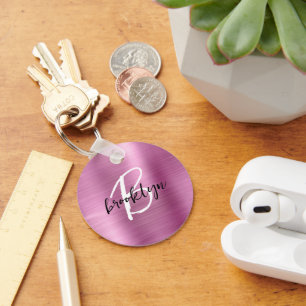 Pink Brushed Metal Black White Script Monogram  Key Ring
