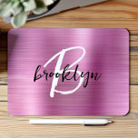 Pink Brushed Metal Black White Script Monogram  Mouse Pad<br><div class="desc">This elegant personalised mouse pad features a monogram and first name in modern black and white script on a trendy pink brushed metal background.</div>