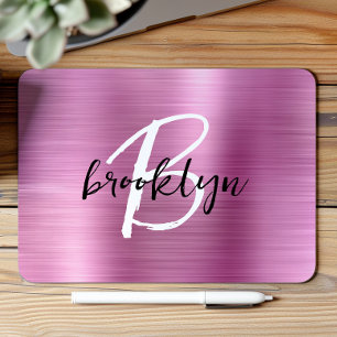 Pink Brushed Metal Black White Script Monogram Mouse Pad