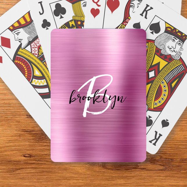 Pink Brushed Metal Black White Script Monogram  Playing Cards (Creator Uploaded)