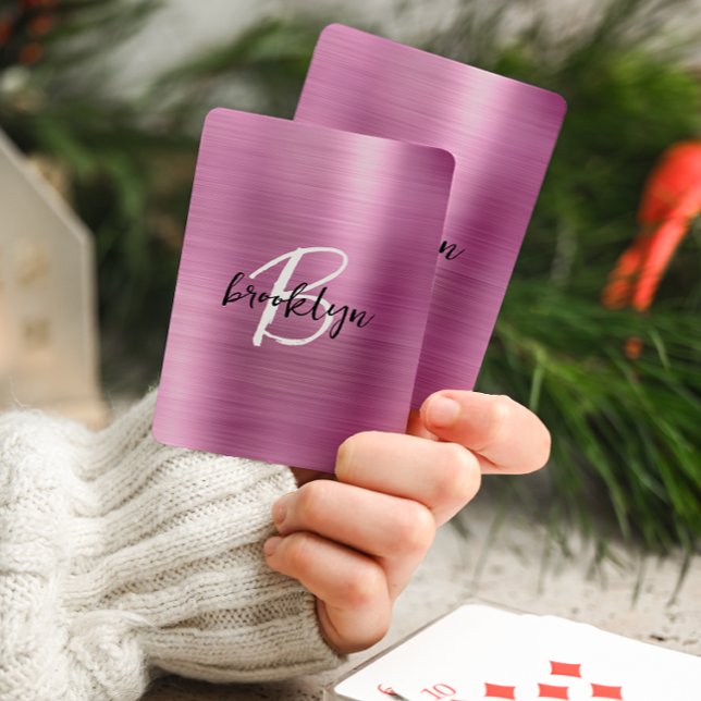 Pink Brushed Metal Black White Script Monogram  Playing Cards (Creator Uploaded)