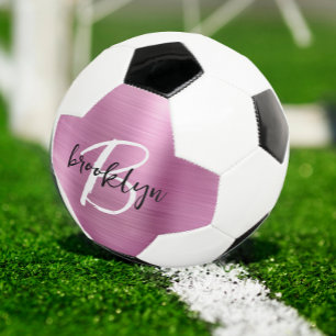 Pink Brushed Metal Black White Script Monogram Soccer Ball
