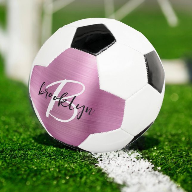 Pink Brushed Metal Black White Script Monogram  Soccer Ball (Creator Uploaded)