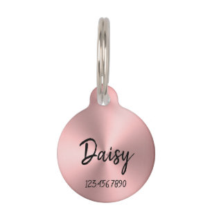 Pink Brushed Metal Look Cursive Script Name Number Pet Tag