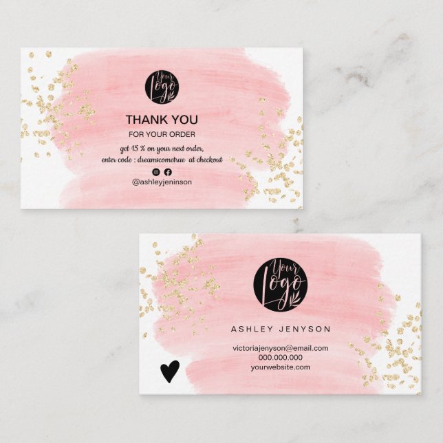 Pink brushstroke gold glitter logo order thank you business card (Front/Back)