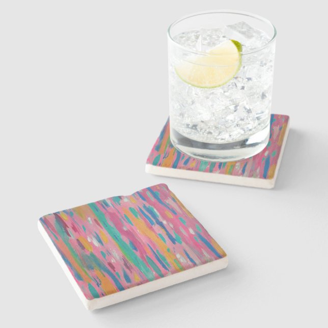Pink Brushstrokes Abstract Print  Stone Coaster (Side)