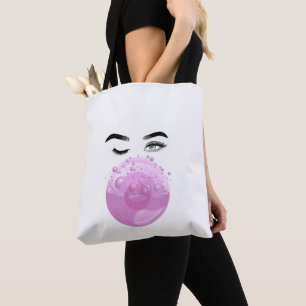 Pink Bubble Gum being Blown By a Female Shopping  Tote Bag