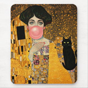 Pink Bubble Gum Lady with Black Cat Gustav Klimt Mouse Pad