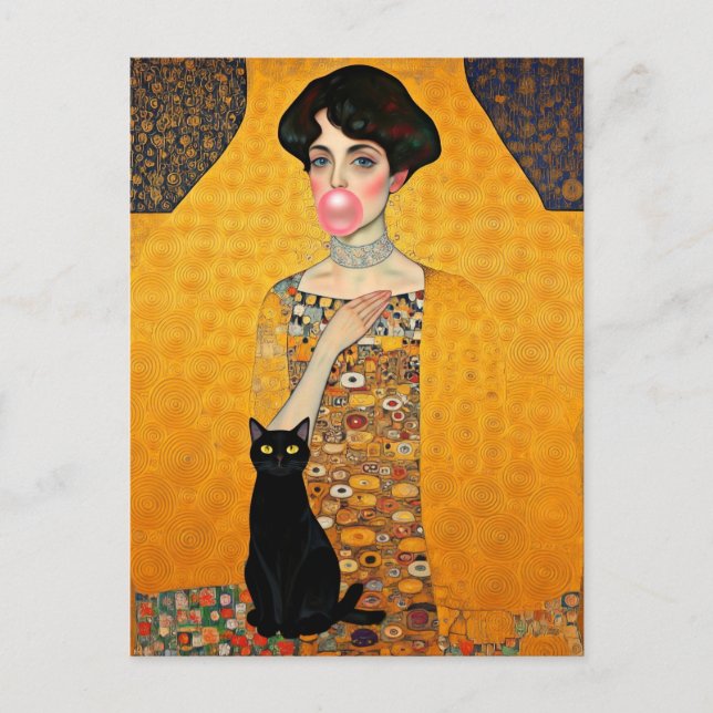 Pink Bubble Gum Lady with Black Cat Gustav Klimt Postcard (Front)