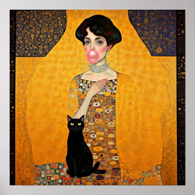 Pink Bubble Gum Lady with Black Cat Gustav Klimt Poster (Front)