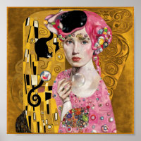 Pink Bubble Gum Lady with Gustav Klimt Cat Art