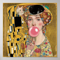 Pink Bubble Gum Lady with Gustav Klimt Cat Art