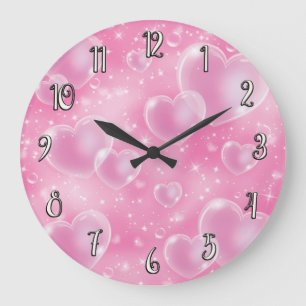 Pink Bubble Hearts Cute Girly 90's Style Large Clock