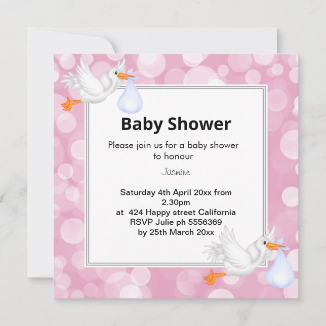 Pink Bubble Mermaid Stork baby shower Announcement (Front)