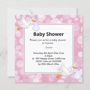 Pink Bubble Mermaid Stork baby shower Announcement