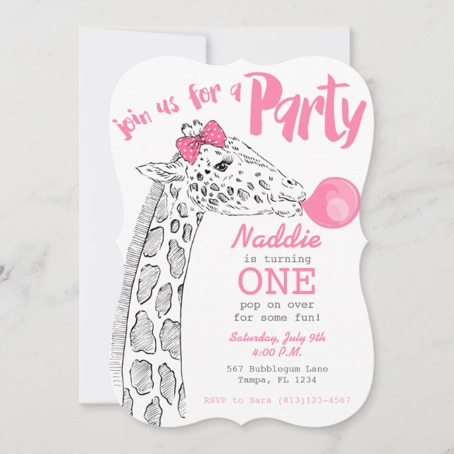Pink Bubblegum and Giraffe Party Invitation (Front)