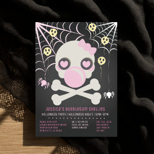 Pink Bubblegum Skellies Halloween Skeleton Party Invitation