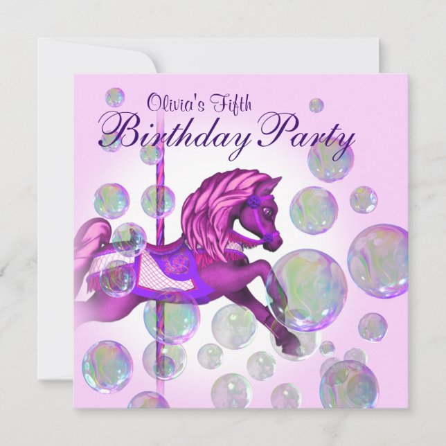 Pink Bubbles Carousel Pony Girls Birthday Party Invitation (Front)