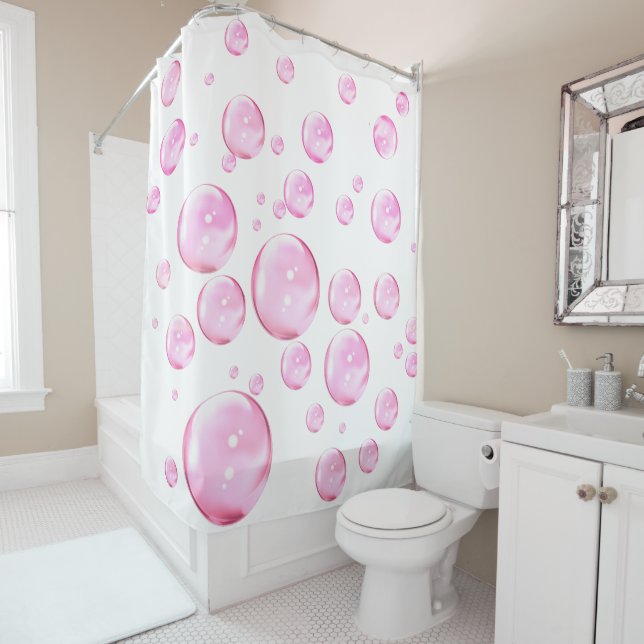 Pink Bubbles White Shower Curtain (In Situ)