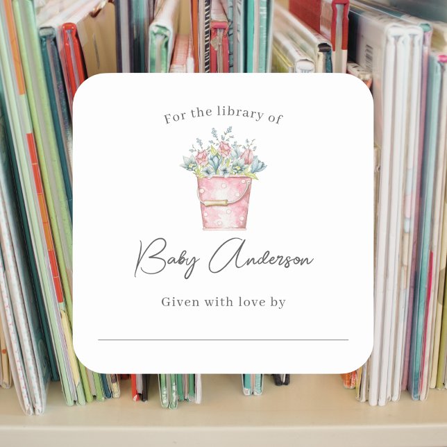 Pink Bucket of Flowers Baby shower bookplate  Square Sticker (Creator Uploaded)