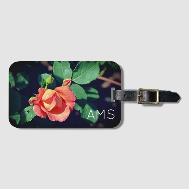 Pink Budding Rose Monogram Luggage Tag (Front Horizontal)