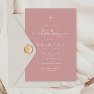 Pink Budget Elegant Cross Calligraphy Christening Invitation