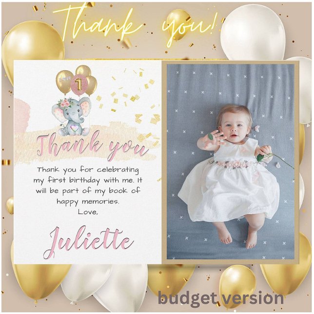 Pink BUDGET Elephant Photo First Birthday Girl Thank You Card (Creator Uploaded)